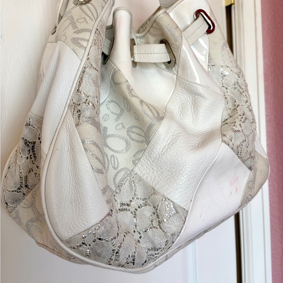 Bebe White Leather Mixed Media Bag GUC Y2K leather patent lace silver hardware - Picture 3 of 9